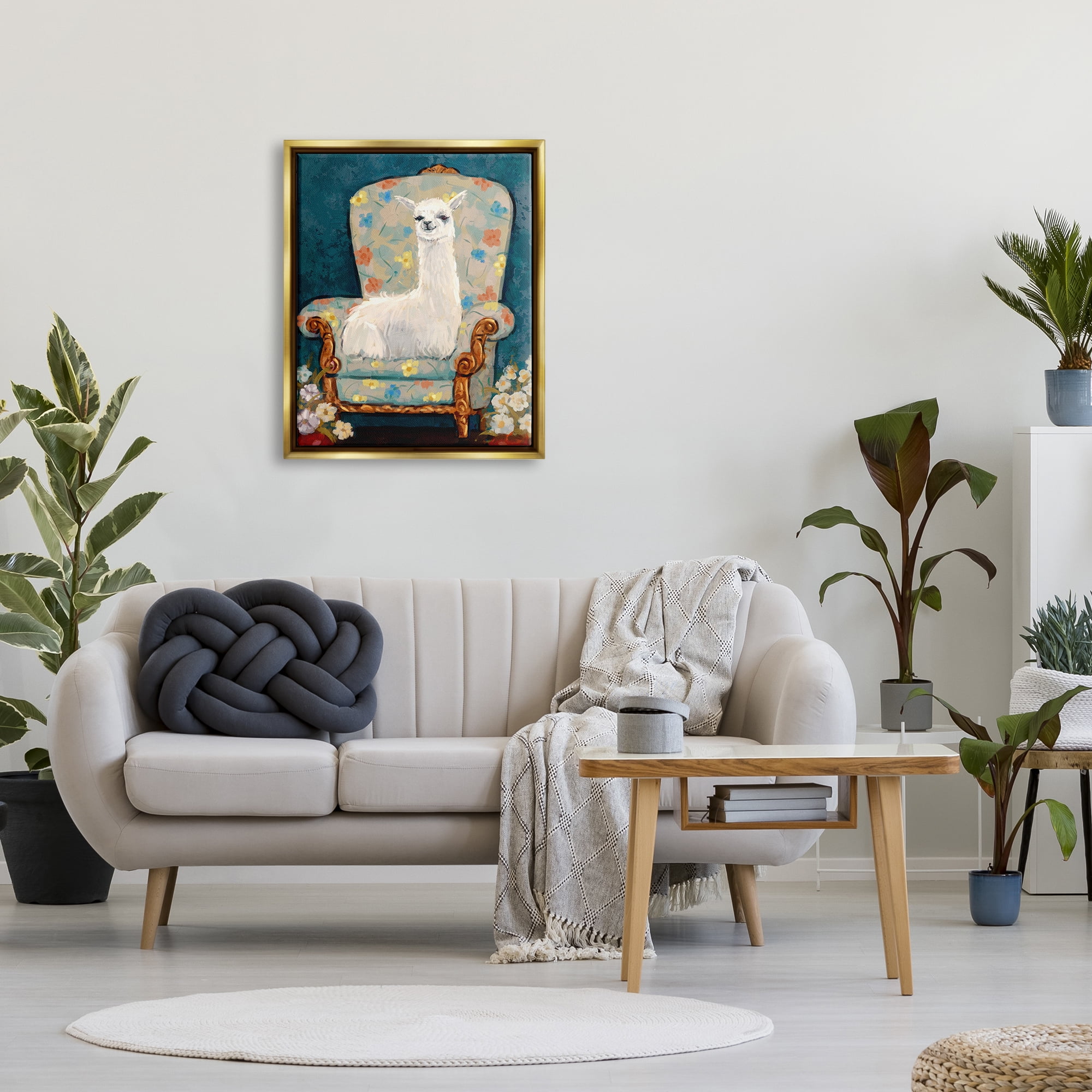 Stupell Industries Llama on Floral Armchair Animals & Insects Painting Gold Floater Framed Canvas Art Print Wall Art, 25 x 31