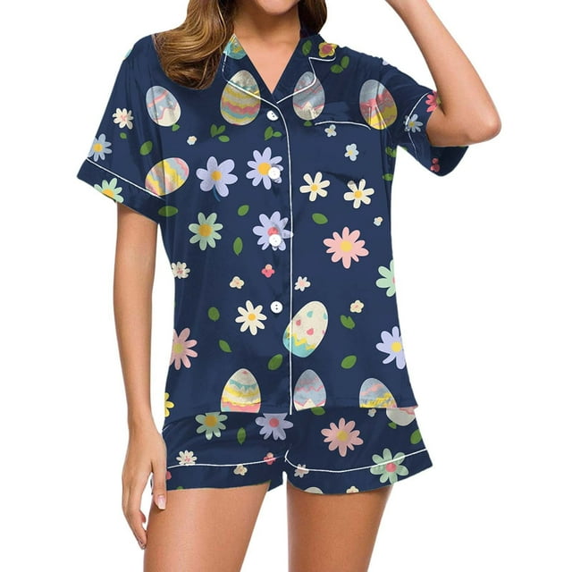 GDREDA Ensemble de Pyjama pour Femmes Mode Décontractée Pâques Lapin Impression Numérique 3D Pyjama Court Pantalon Ensemble de Pyjama pour Femmes Blanc,S