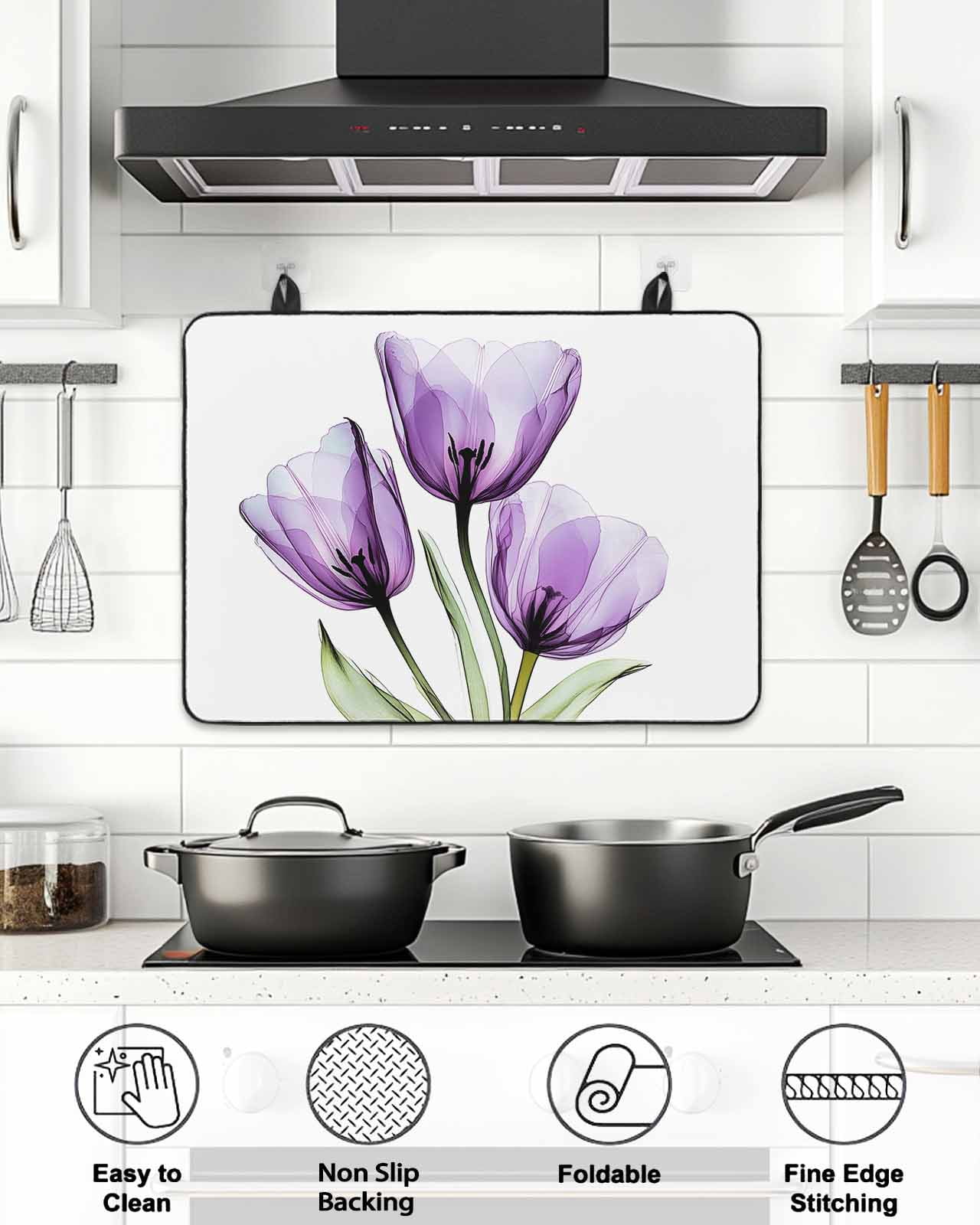 Stove Top Covers for Electric Stove, Purple Tulips Glass Stovetop Cover Protector, Green Leaf Country Flower White Botanical Induction Cooktop Protector Oven Mat for Kitchen Countertop 24"x21"