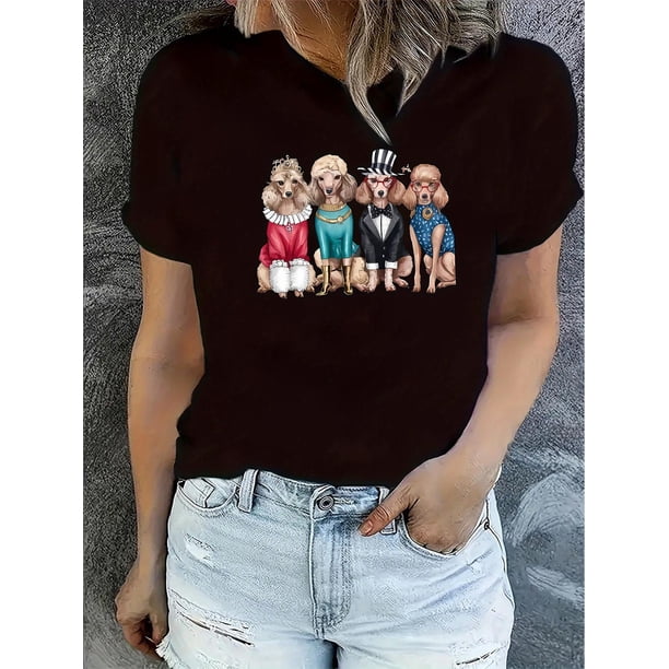 Women's Fashion Casual Round Neck Short Sleeve T-Shirt, Knitted Polyester, Animal Print, Comfortable Summer Top, Ladies Leisure Sportswear