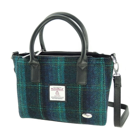 Harris Tweed Wool 'Brora' Small Tote Handbag for Women, Adjustable Shoulder Strap, Made in Scotland, Blue with Turquoise Overcheck