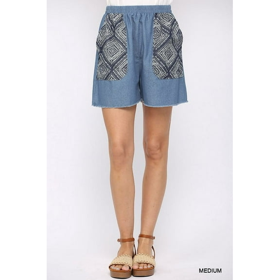 Denim And Print Pockets Elastic Waist Shorts With Raw Hem