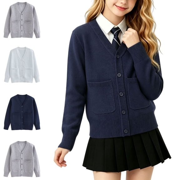 Piuwrlz Girls Knitwear Cardigan Kids Plain Knit Sweater Long Sleeve Outwear Jacket White Size 11-12Years