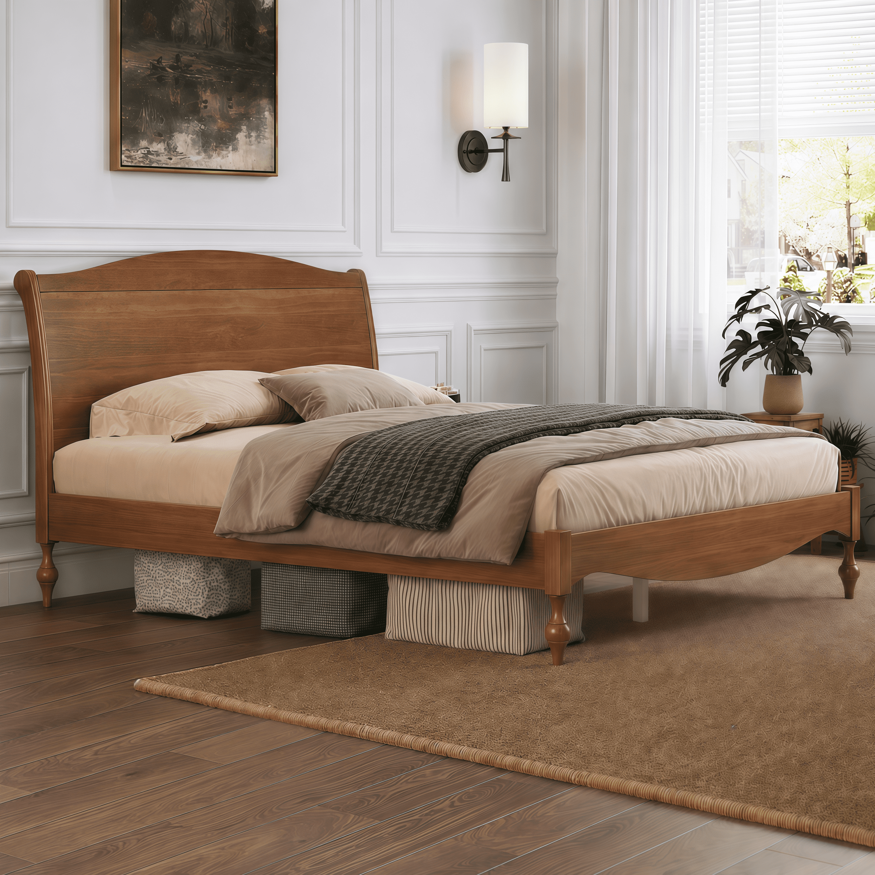 Euroco Wood Queen Size Platform Bed with Traditional Arched Headboard, Vintage Bed Frame, No Box Spring Needed, Light Walnut