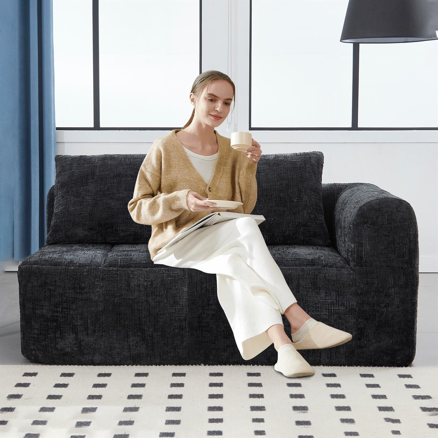 Demi Bonn 62" Plush Chenille Loveseat Sofa, Modular Sleeper for Living Room, Bedroom, Apartment Lounge, Stylish & Comfortable Couch, Black