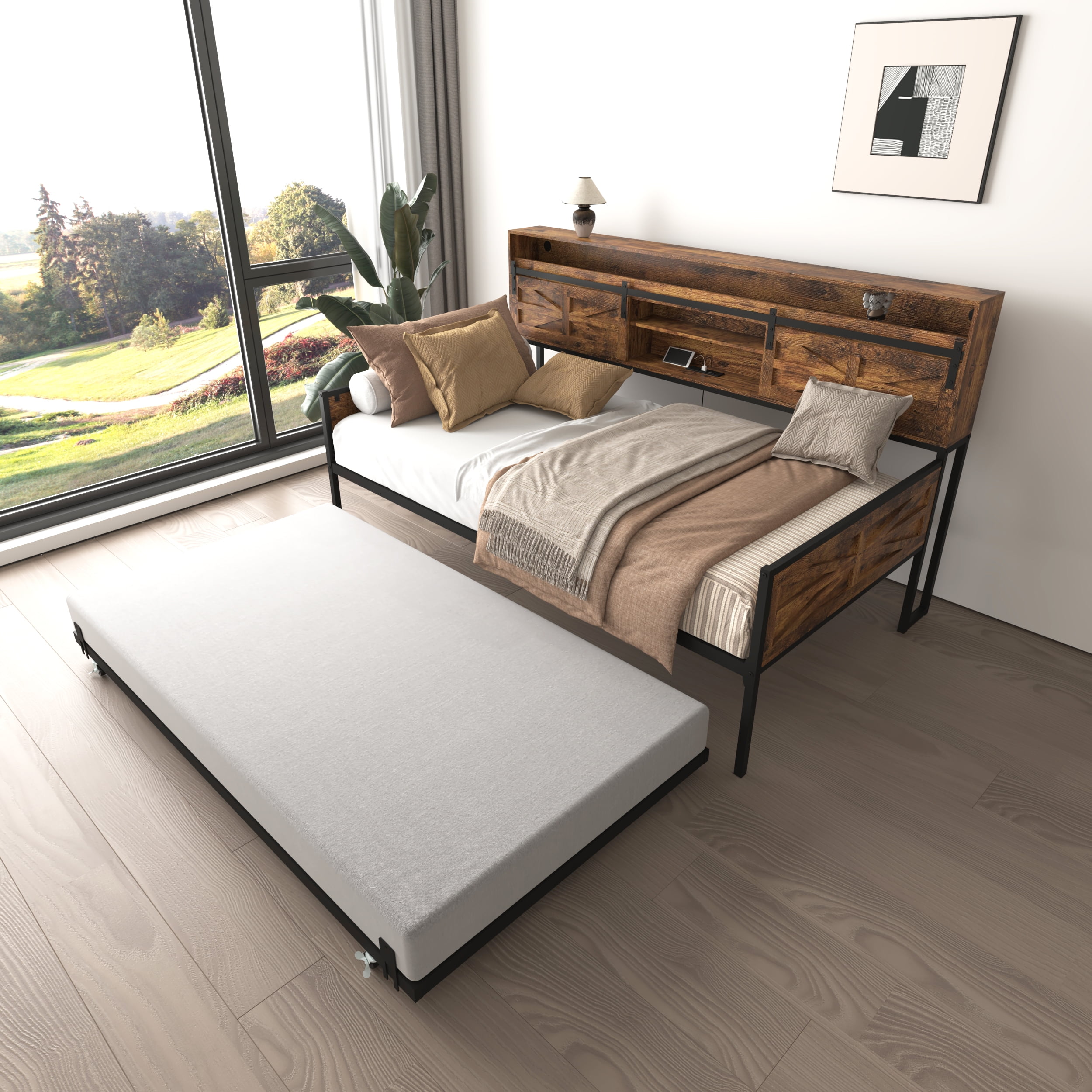 Mintazer Farmhouse Twin Bed Frame with Trundle & RGB LED Headboard, Platform Daybed with Sliding Barn Door Storage for Bedroom & Living Room, Brown