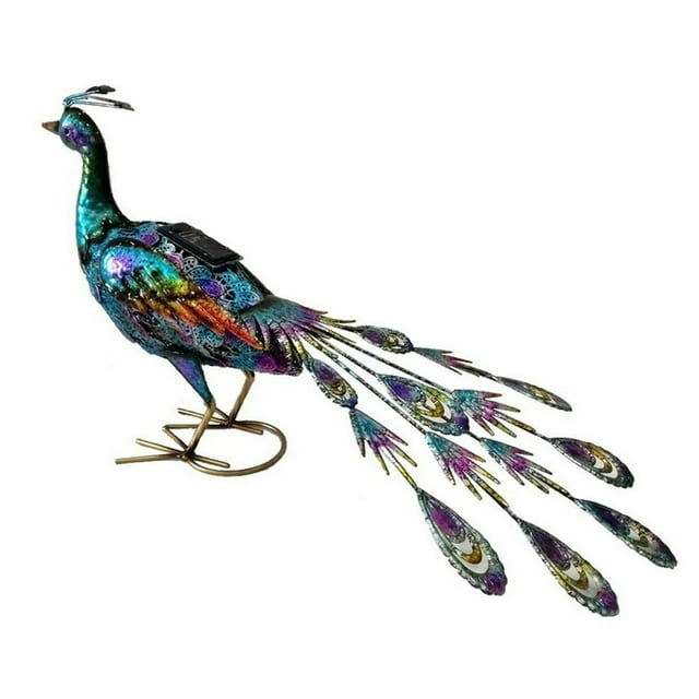 Wrought Iron Animal Painted Peacock Garden Statues With Solar Lights For Courtyard Balcony Decor