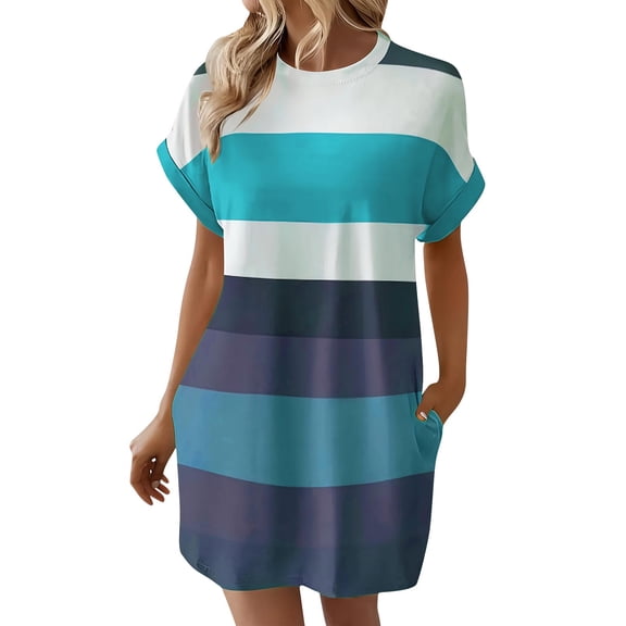 HBGVBA Women's Summer Mini Dress,Plus Size Short Sleeve Dresses,Color Stripe Loose Fitted Side Pocket Midi Dress