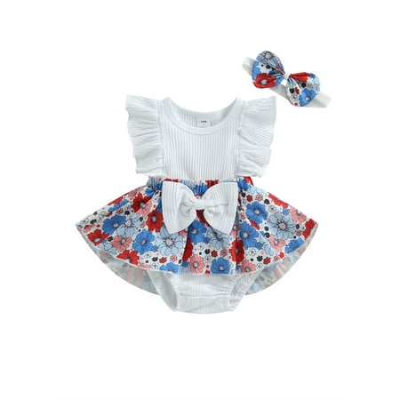 

GXFC Infant Baby Girl Romper Dress Outfits Newborn Girls Flying Sleeve Ribbed Patchwork Floral Jumpsuit One Piece Skirt Dress Babysuit with Bow Headband 0-12M