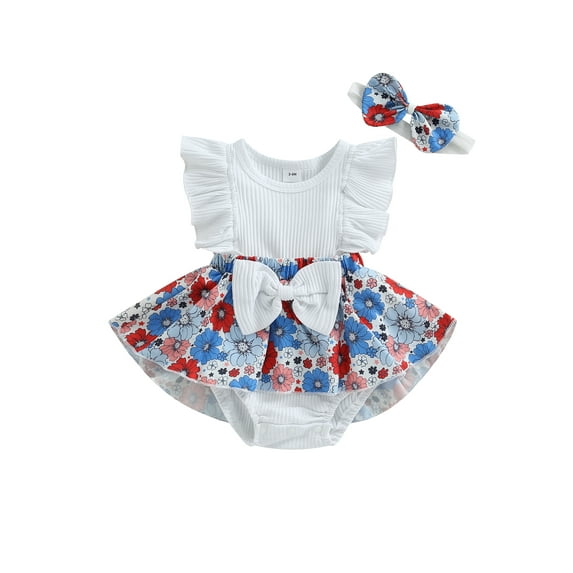 Bagilaanoe Newborn Baby Girl Rompers Dress Floral Short Sleeve Bodysuit + Headband 3M 6M 9M 12M Infant Patchwork A-line Dress