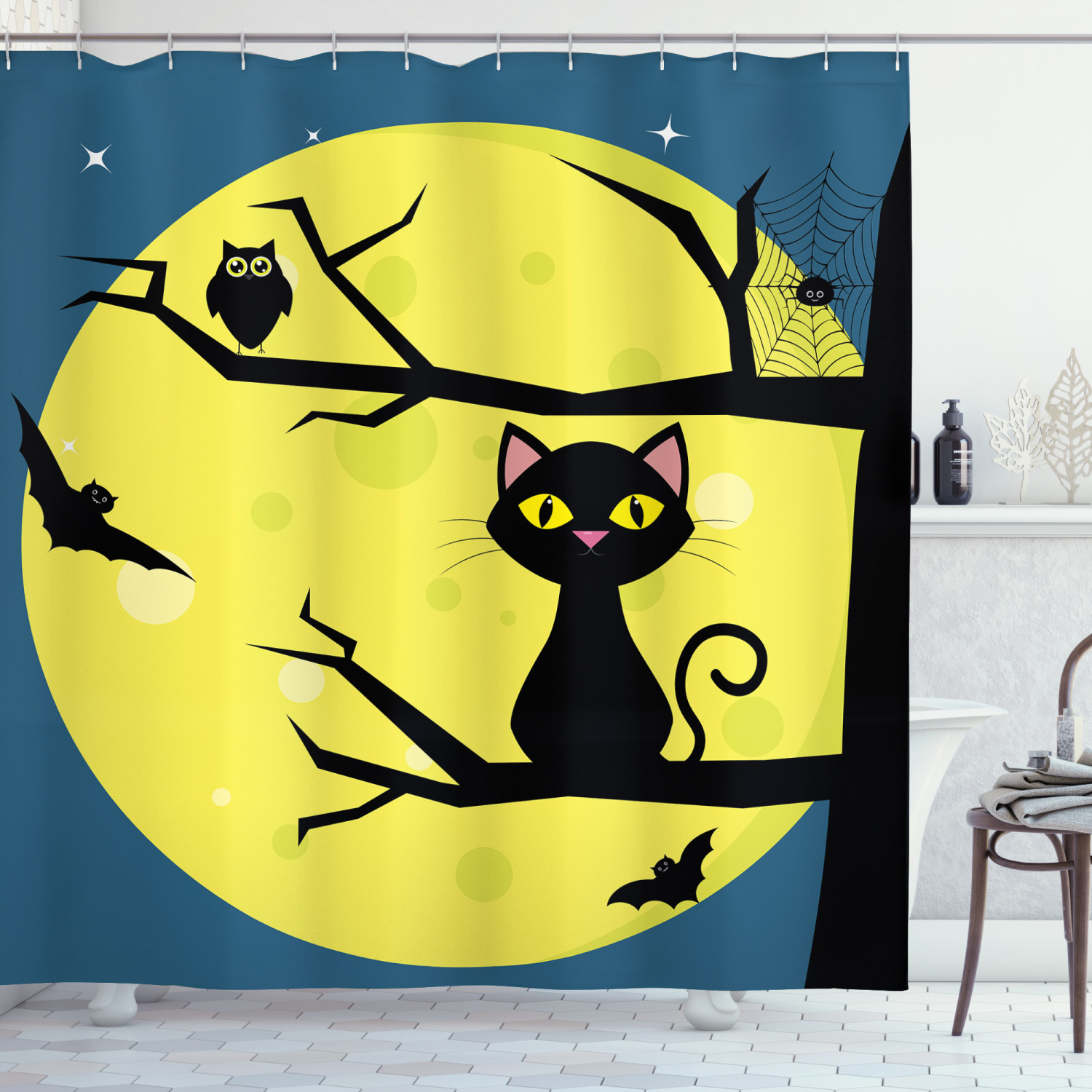 Halloween Shower Curtain, Cat and Owl on Tree Branches with Full Moon