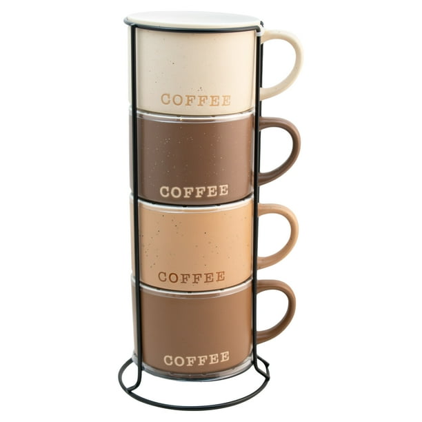 Juego 4 Tazas Apilables de Porcelana, Capacidad 360 ml con Estante Negro, Set de 4 Tazas en Tonos Tierra, Ideal para Café, Cacao, Leche y Té con Caja de Regalo