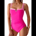thumbnail image 2 of Trajes de Baño de una Pieza para Mujer, con Bloques de Color, Adelgazantes, Control de Abdomen, Traje de Baño de Cobertura en V. Rosa Rosa XL, 2 of 10