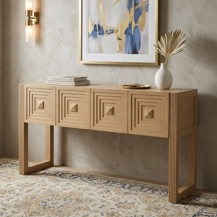 Aukfa 55" Geometric Carved Console Table with 3 Drawers, Fluted Leg Entryway Table, Modern Sofa Accent Table for Living Room/Hallway,Brown
