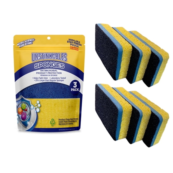 Unstinkables Oversized Antimicrobial Kitchen Cleaning Sponges with Stay-Fresh Storage Pouches, Odor-Free, 6 Count