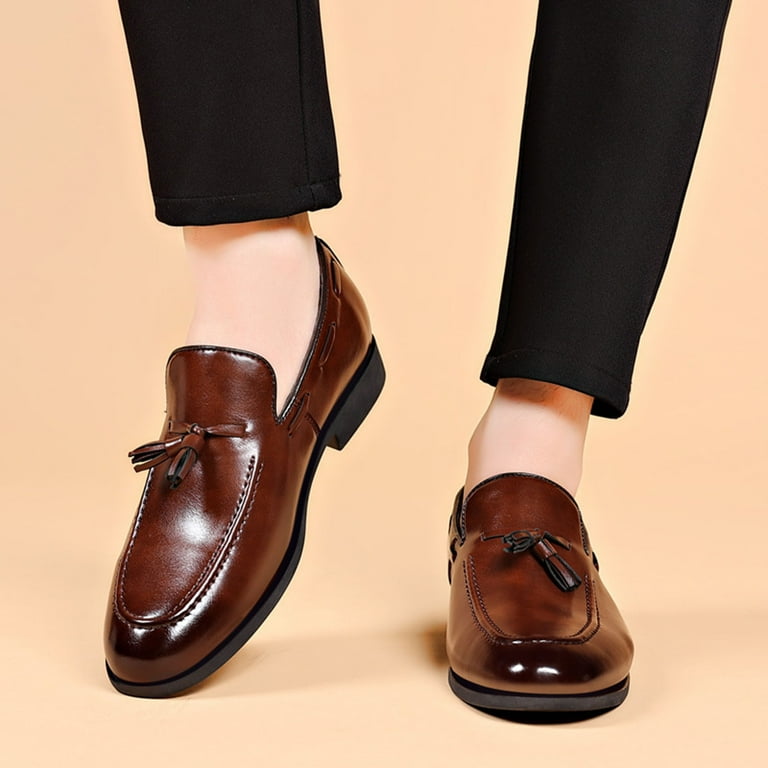 Ylsdy Men s Tassel Loafers Low Heel Tuxedo Shoes Business Work Shoes Slip On Faux Leather Dress Shoes Brown 7 Size 41