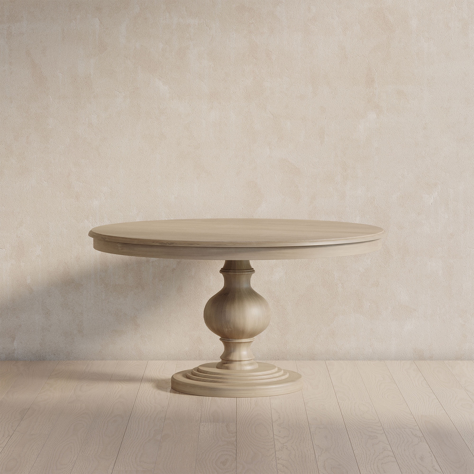 Maven Lane Zola Traditional Large Round Circle Wooden Pedestal Dining Table for Modern Kitchen, Bistro, or Card Table in Antiqued White Finish