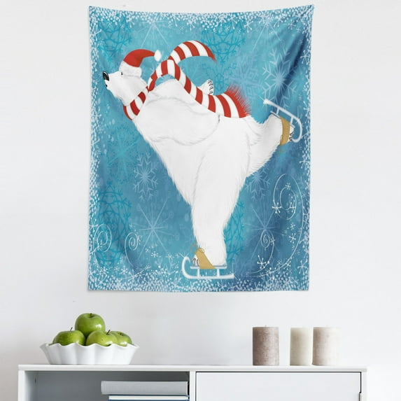 Bear Tapestry, Polar Animal Christmas Hat and Scarf Ice Skating Ornamental Snowflakes and Swirls, Fabric Wall Hanging Decor for Bedroom Living Room Dorm, 5 Sizes, Blue White, by Ambesonne