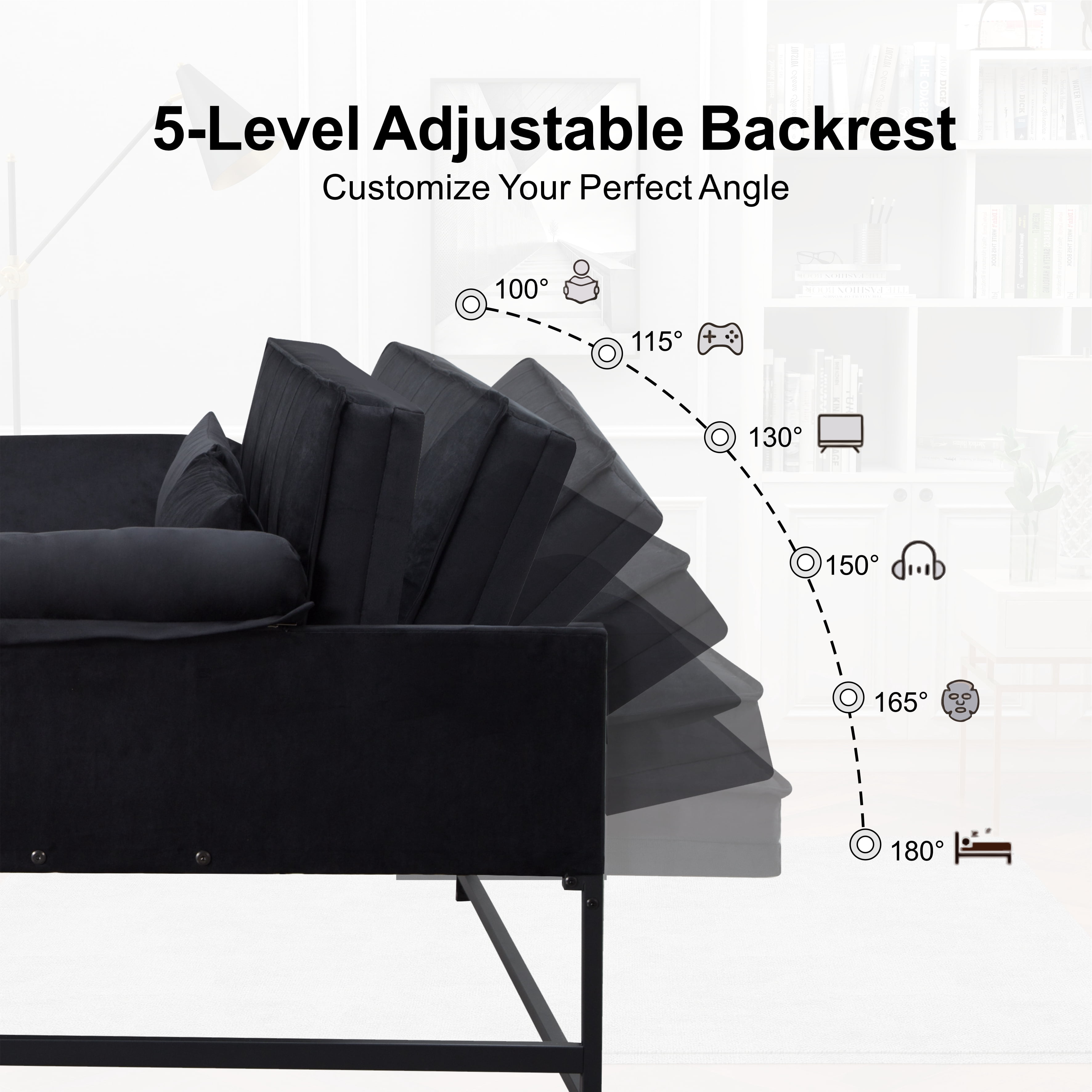 Gewnee 46"3 in 1 Convertible Sofa Bed,Pull-out Sleeper with 5 Reclining Positions for Living Room,Apartment,Velvet Black