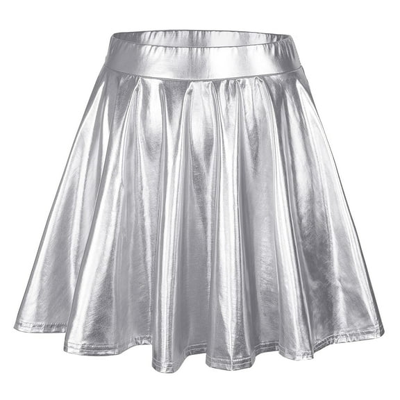 WENWU Women's Fashion High Waist Pleated Solid Color Short Skirt Loose Skirt Metallic Skater Skirt Sparkly Shiny Flared Pleated A Line Mini Skort Womens Skirts Midi Length Cheer Skirt