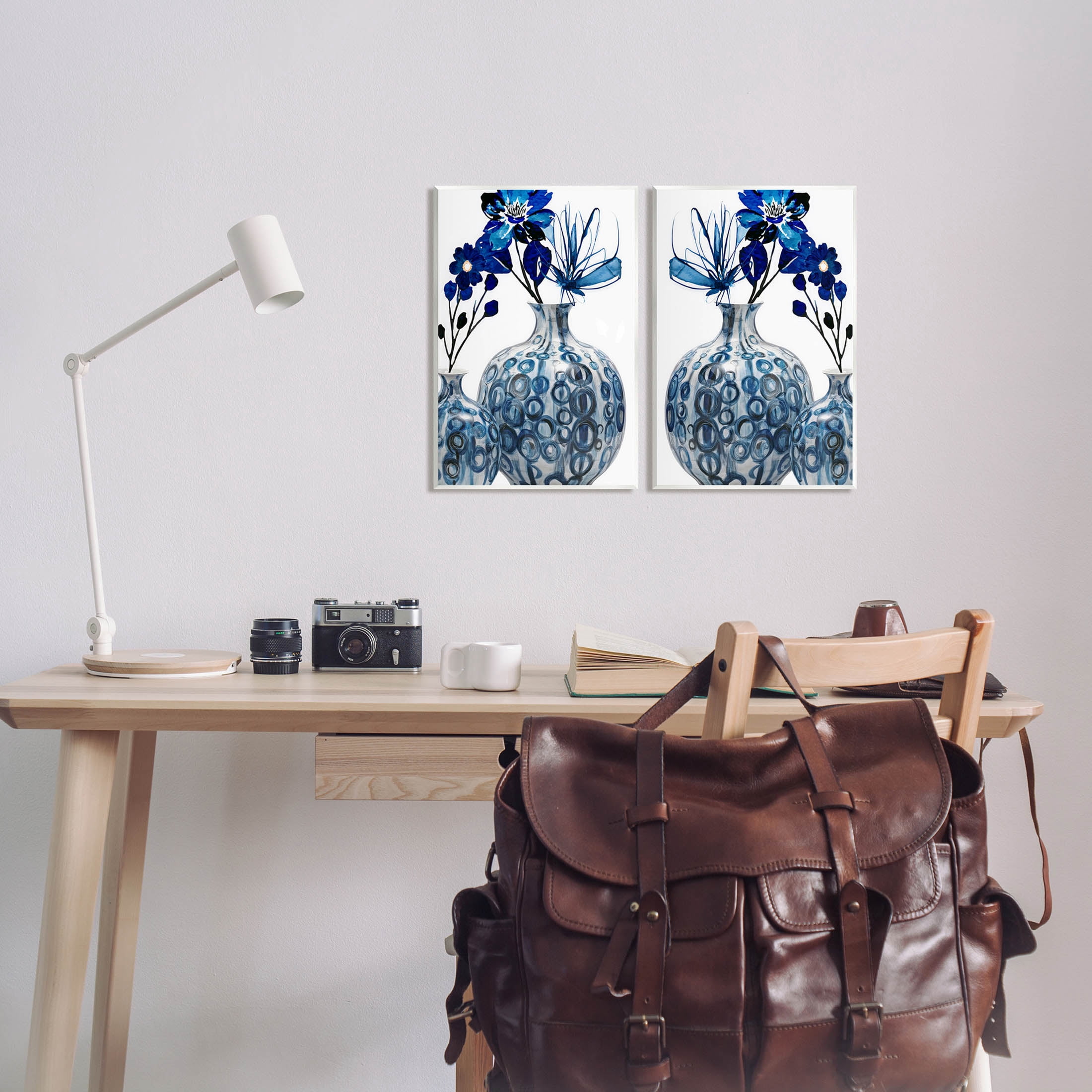 Bold Blue Ikebana Patterned Vase Botanical & Floral Graphic Art Unframed Art Print Wall Art, Set of 2