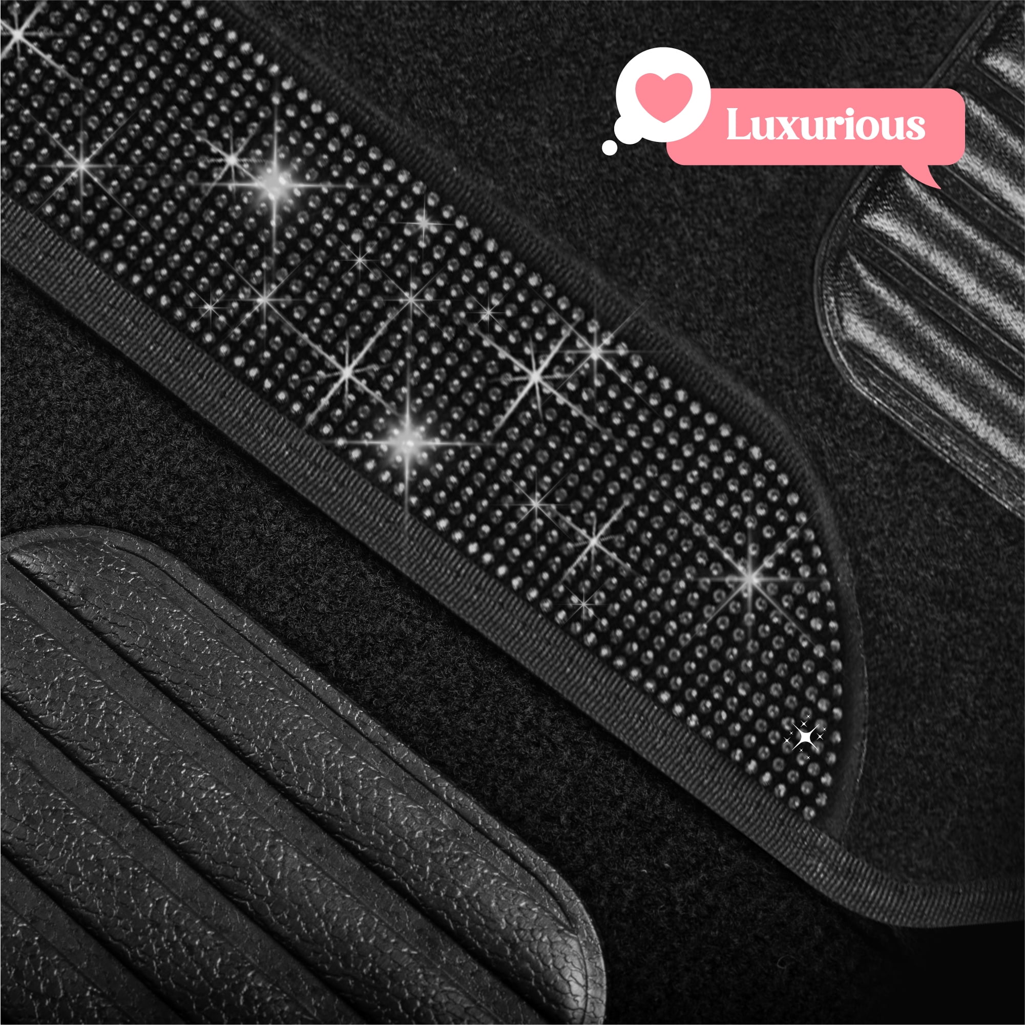 Carbella Diamond Bling Car Mats 4-Piece Set, Shiny Rhinestone Crystal Carpet Car Floor Mats, Two-Tone Floor Mats for Cars, Cute Automotive Interior Car Accessories for Women (Black)