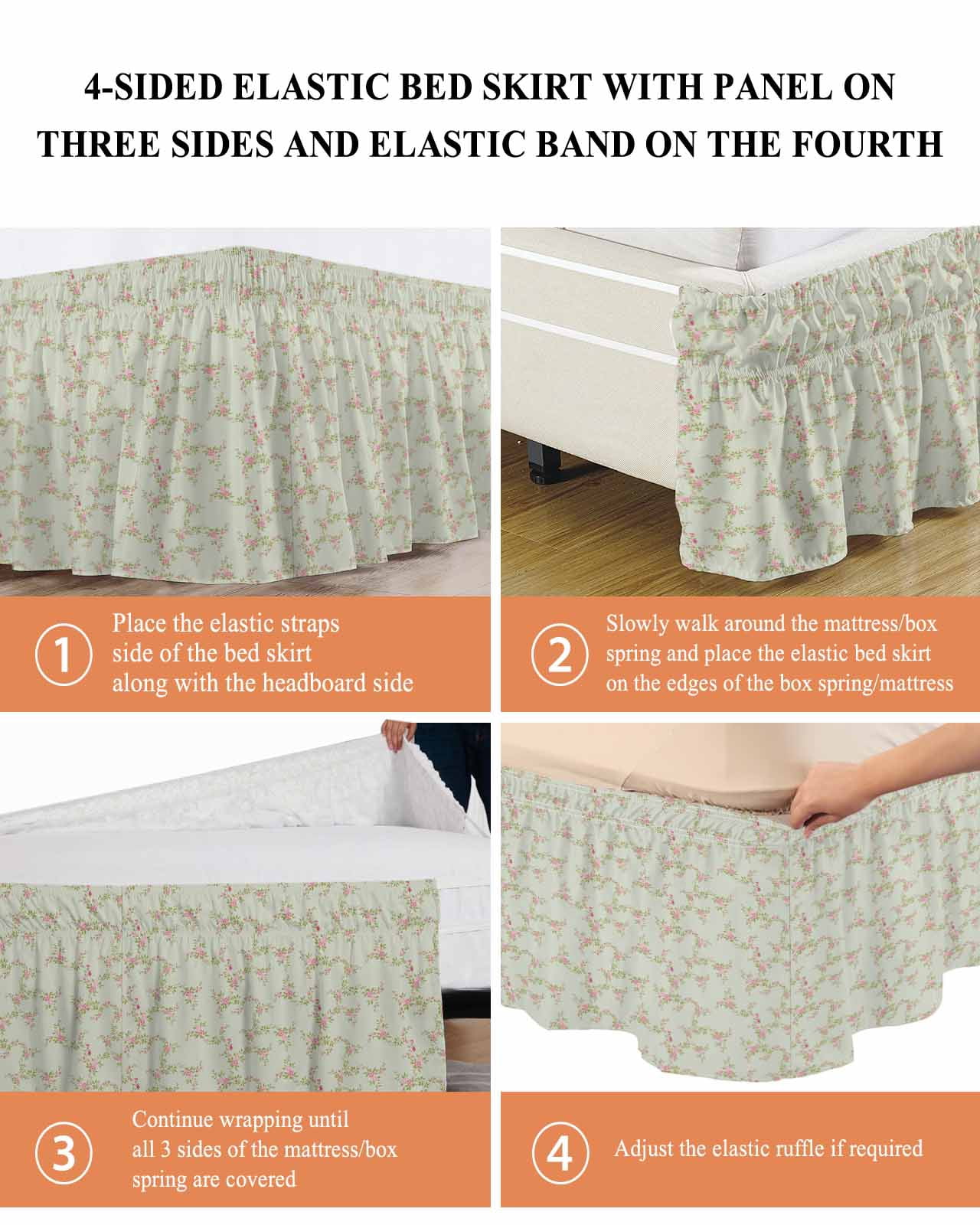 Pastoral Pink Flower Bed Skirt Fall Leaf Green Background Country Floral Bed Skirts Queen Size 16 Inch Drop, Wrap Around Dust Ruffle&nbsp;Bedskirt with Adjustable Elastic Belt for Queen Size Beds