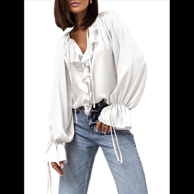 Camisa Informal de Larga con Volantes para Mujer, Blusa de Satén de Seda para Trabajo, Ropa de y Otoño L