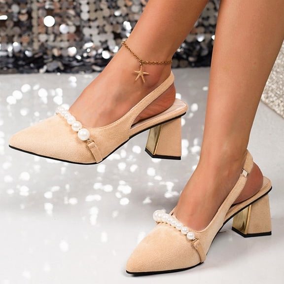 Xucatan Women's Heel Sandals, Pearl Embellished Satin Slingback with Metallic Block Heel, Elegant Formal Footwear for Weddings Parties Gift
