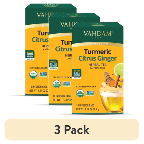 (3 pack) VAHDAM, Organic Turmeric Citrus Ginger Herbal Tea (18 Count) Caffeine Free, Gluten Free | 100% Pure Herbal Blend - Citrusy & Savory | Eco-Friendly Individually Wrapped Tea Bags | Direct From Source