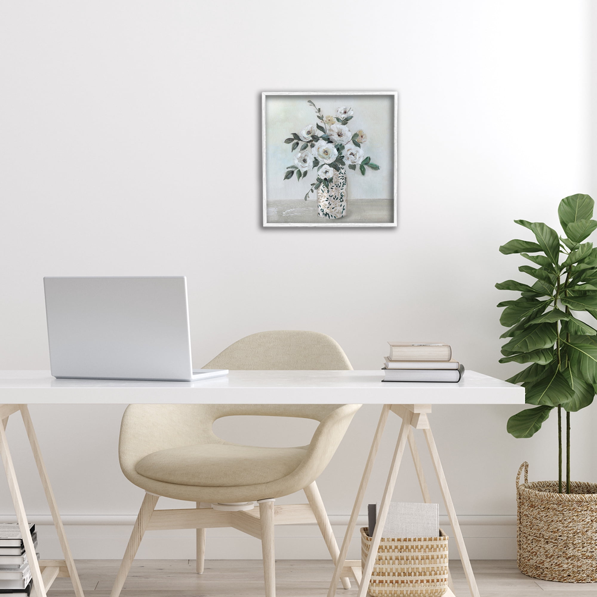 Stupell Industries Leaf Patterned Flower Vase White Framed Giclee Art, design by Sally Swatland