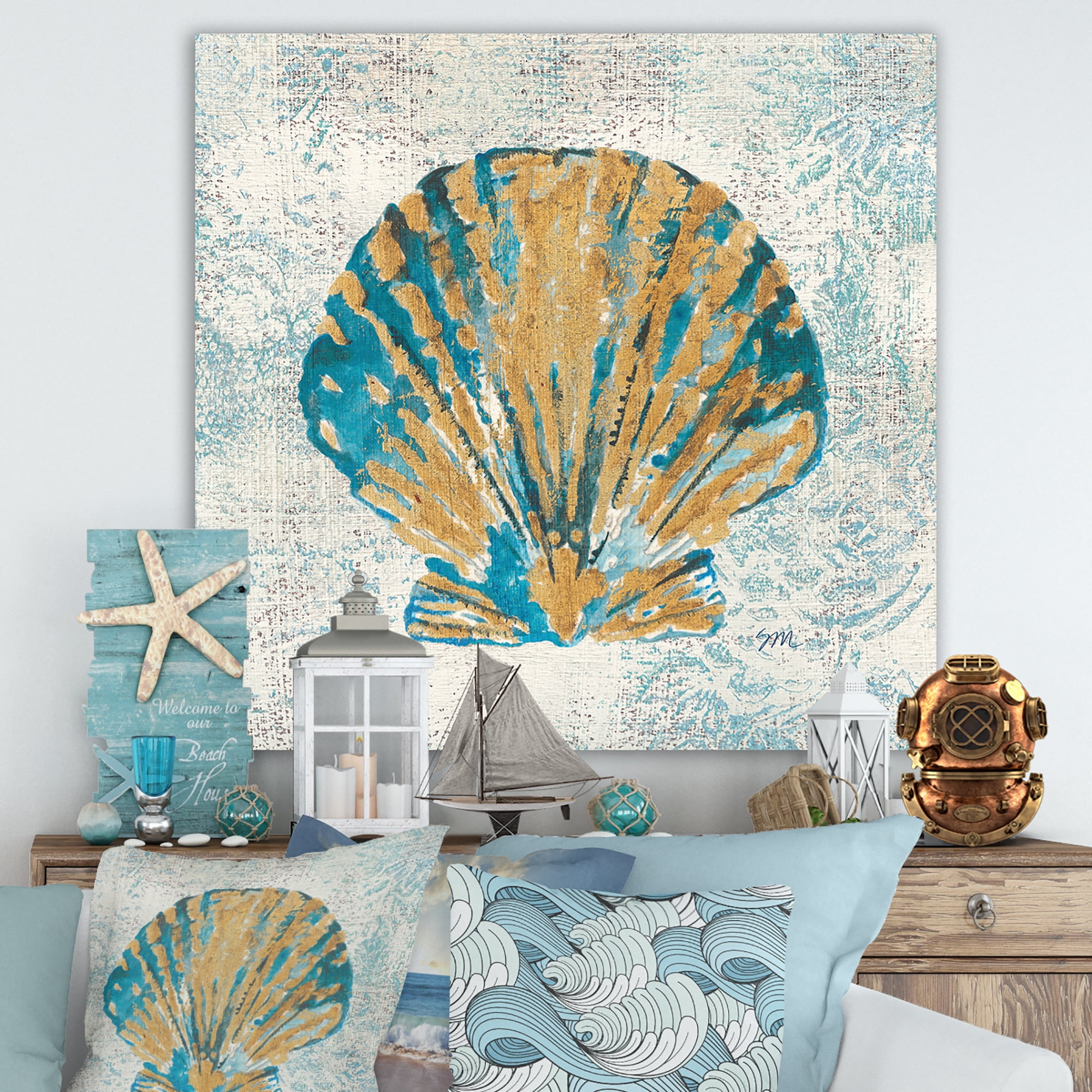 Designart 'Coastal Pastel seashells I' Vintage Nautical gallery-wrapped Canvas