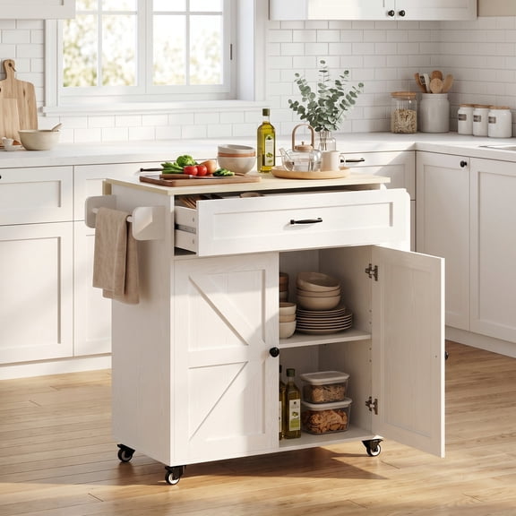 Farmhouse Kitchen Island Cart with Drop Leaf, Storage Cabinet, Drawer & Rolling Wheels, White