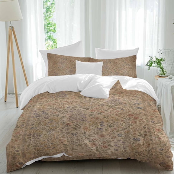 Vintage Floral Comforter Set Queen Size, Ochre Flower Pattern Wild Leaf Rustic Country Soft Bedding Set for Man Woman, 4 Pieces Duvet Cover Set with Flat Sheet, 2 Pillowcases