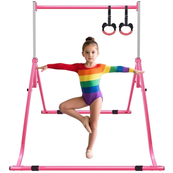 XHYHWYD Gymnastics Bar Foldable Adjustable Height for Kids with Rings Pink