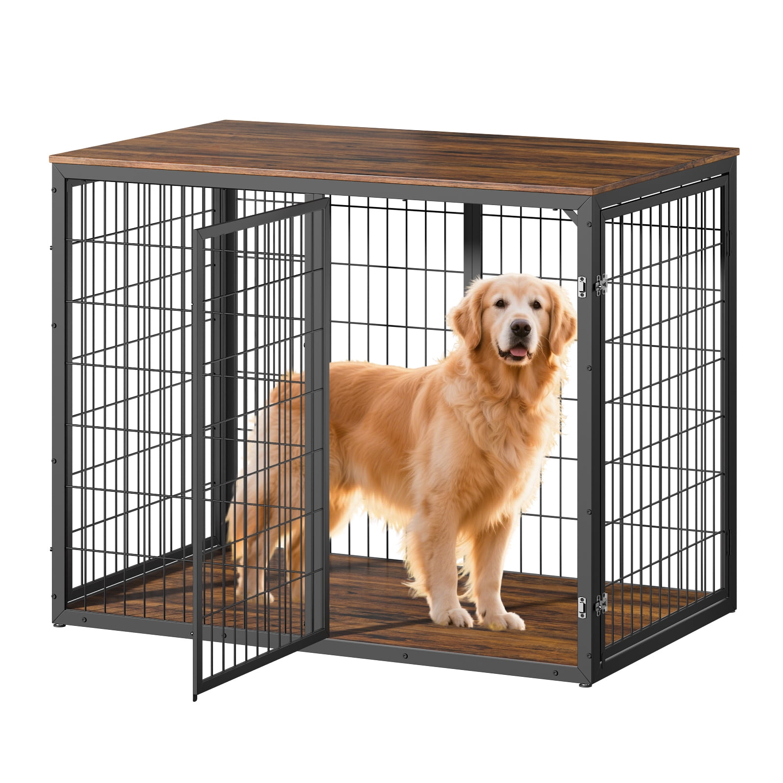 Dog Crate Furniture, Three Door Kennel, Rustic Brown Pet House with Ventilated Metal Frame and Storage Top, Large Dog Cage for Living Room, 47 Inch Brown