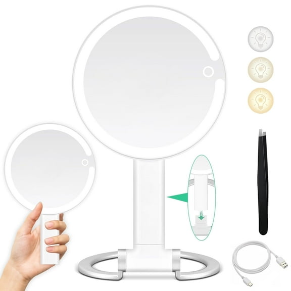 QD-Gotrays 20X/1X Magnifying Mirror with Light, Lighted Makeup Mirror with Magnification, Make up Mirrors Stand Up Double Sided, Magnified Travel Mirror with Lights, Rechargeable 3 Color Dimmable