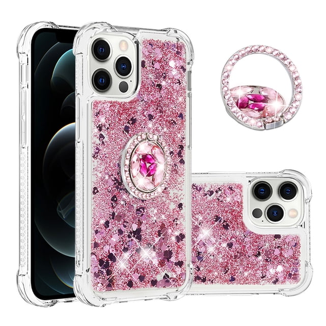Funda para iPhone 12 Pro con Brillo Líquido Flotante, Purpurina, Parachoques y Anillo Giratorio Soporte