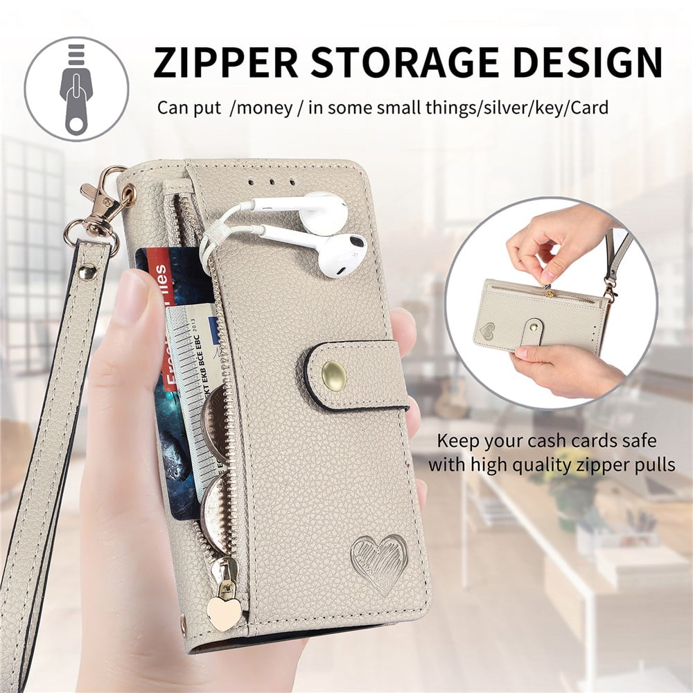 For iPhone 17 Pro Max Leather Phone Case Wallet Zipper Pocket Pouch Folio Flip Cover Kickstand, Multi Anti-theft Card Holder Cash Slot, Double Magnetic Buckle, Wrist Lanyard,Gray