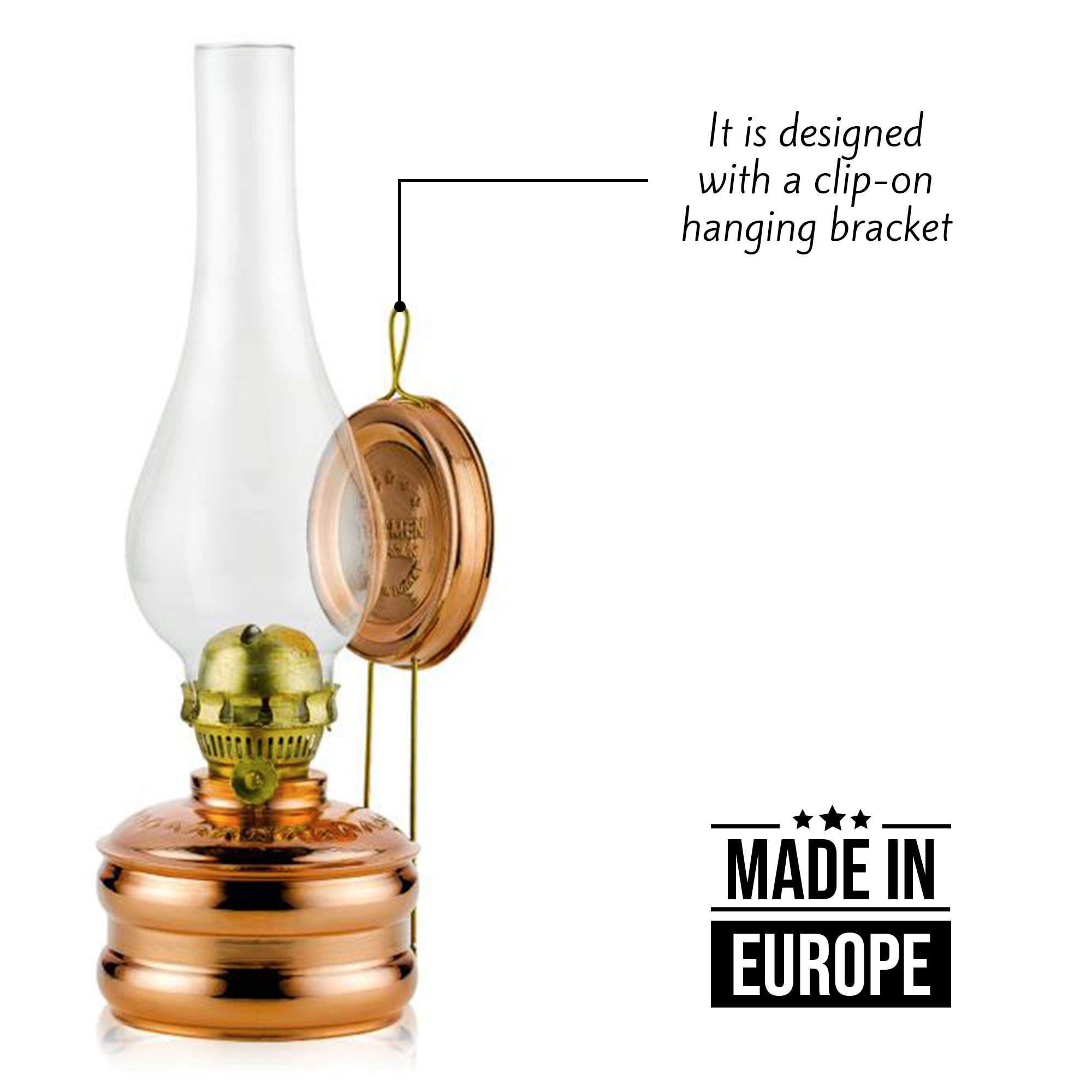 Handmade Traditional Copper Oil Lamp with Glass Chimney, Vintage Kerosene Lantern, Antique Oriental Wick Lamp for Lighting and Décor, Rustic Glowing Fire Design, Decorative Gift, Wall Mount, Large
