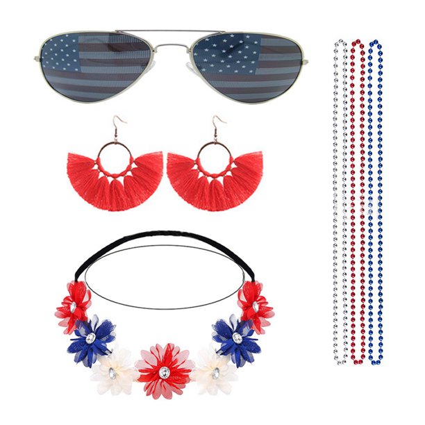 Diadema de cristal elástica con flores del 4 de julio, diadema hippie hawaiana floral con collar del Día de la Independencia, pendiente de borla patriótica, gafas de sol con bandera para fiesta