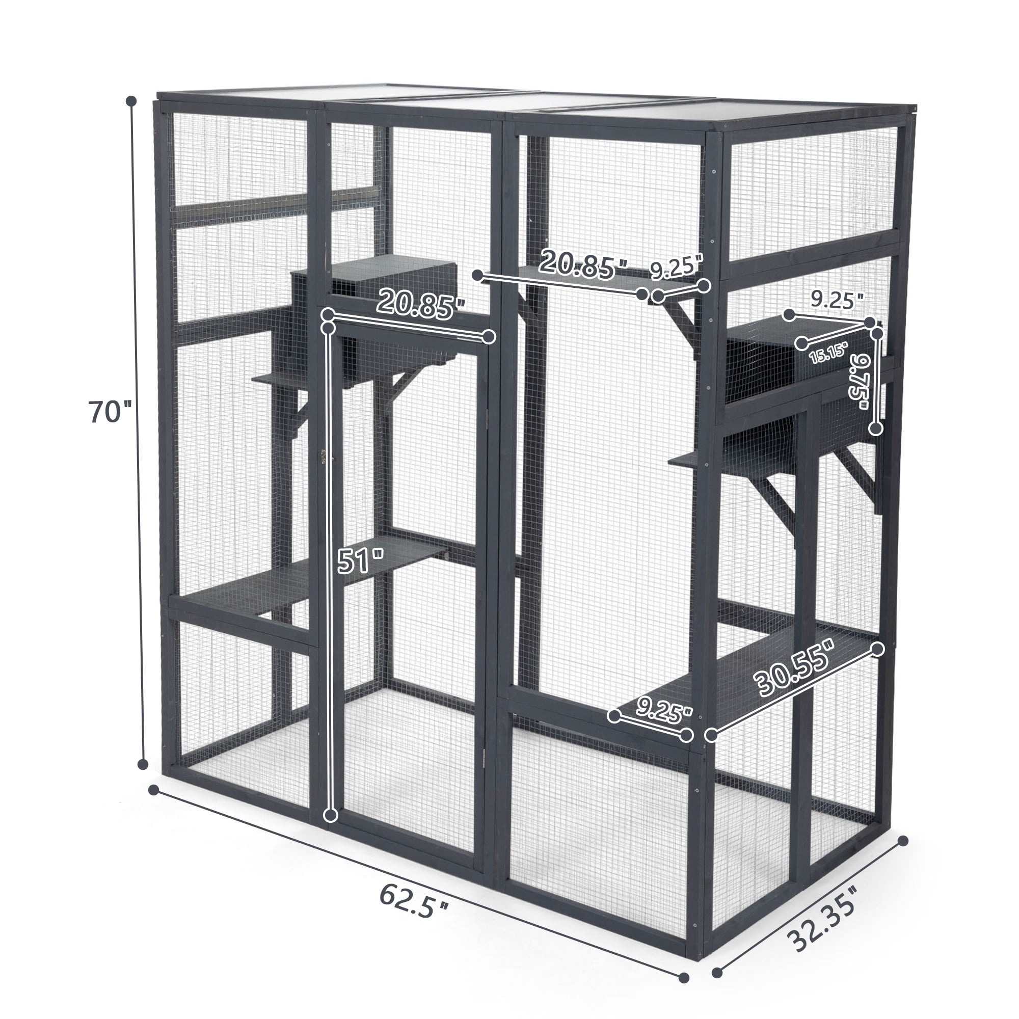 Demi Bonn 70" Outdoor Wood Cat House, Catio Kitty Enclosure Large Cat Cage Condo Playpen with Platforms and Small House, Gray