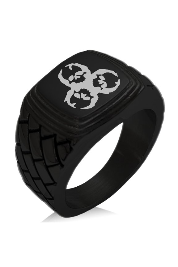 Stainless Steel Zombie Skull Biohazard Geometric Pattern Step-Down Biker Style Polished Ring