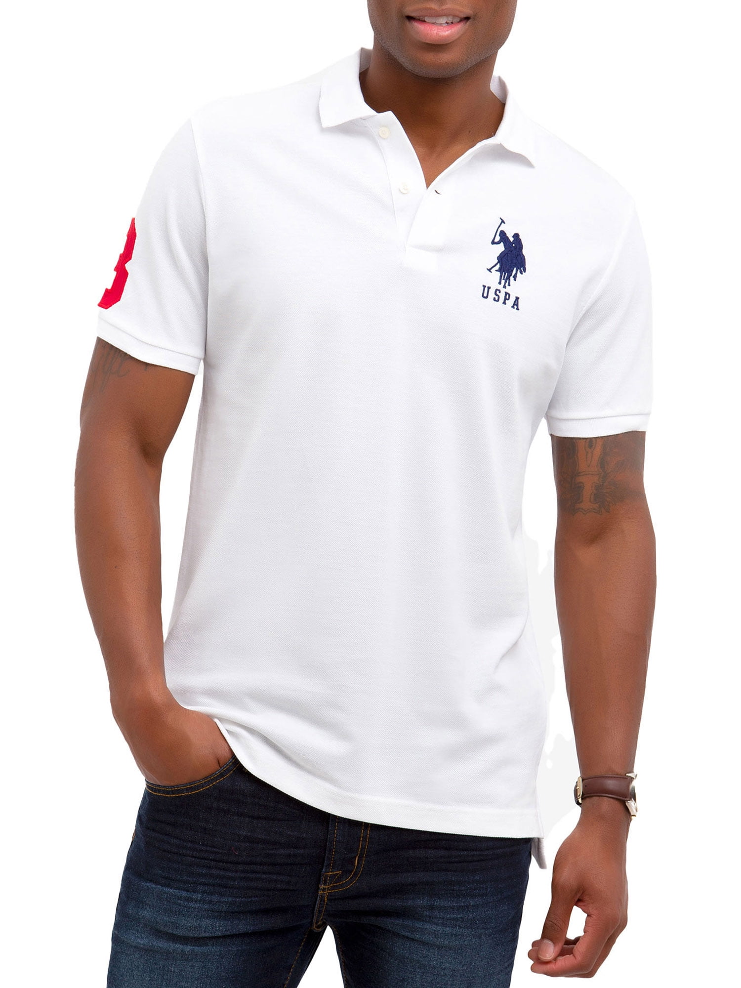 Polo Assn Mens Slim Fit Short Sleeve Pique Polo with Screen Print U.S 