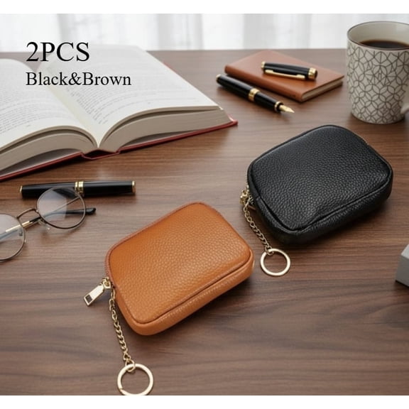 2‑Pack Soft Leather Coin Purse with Key‑Ring, Compact Zipper Pouch for Women to Store Coins, Keys & Earbuds