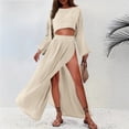 thumbnail image 5 of LEKWK Linen Sets for Women 2 Piece Long Sleeve Crewneck Crop Tops High Slit Flowy Maxi Skirts Summer Fashion Boho Beach Vacation Outfits, 5 of 8