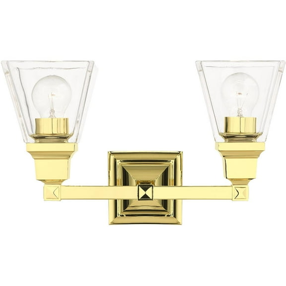 15 inch 2 Light Polished Brass Bathroom Vanity light fixture with Clear Glass Shade