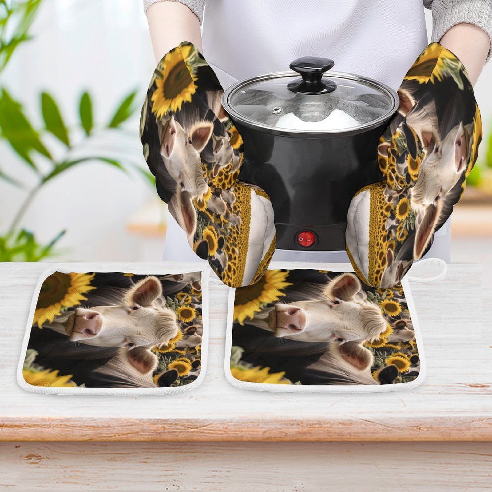 Farm Cows Oven And Pot Holders Sets, Heat Resistant Pads Kitchen Decor for Cooking Baking BBQ Grilling, Christmas Kitchen Gifts