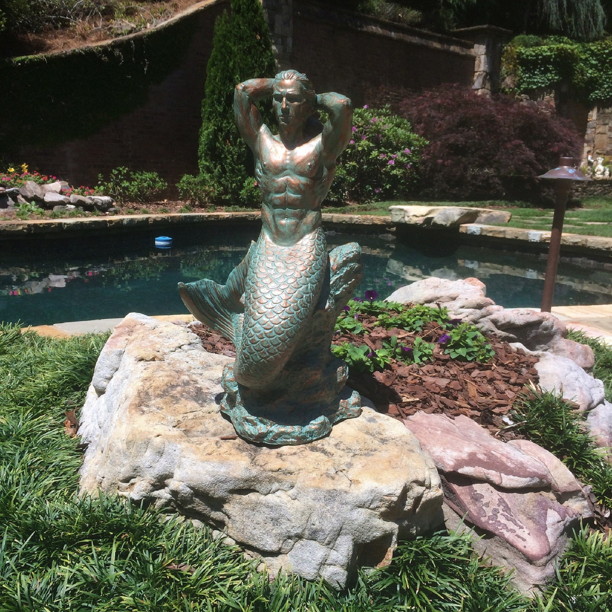 Homestyles 21"H Bronze Patina Sexy Merman Mermaid Sitting on Rock Nautical Beach Extra Large Statue