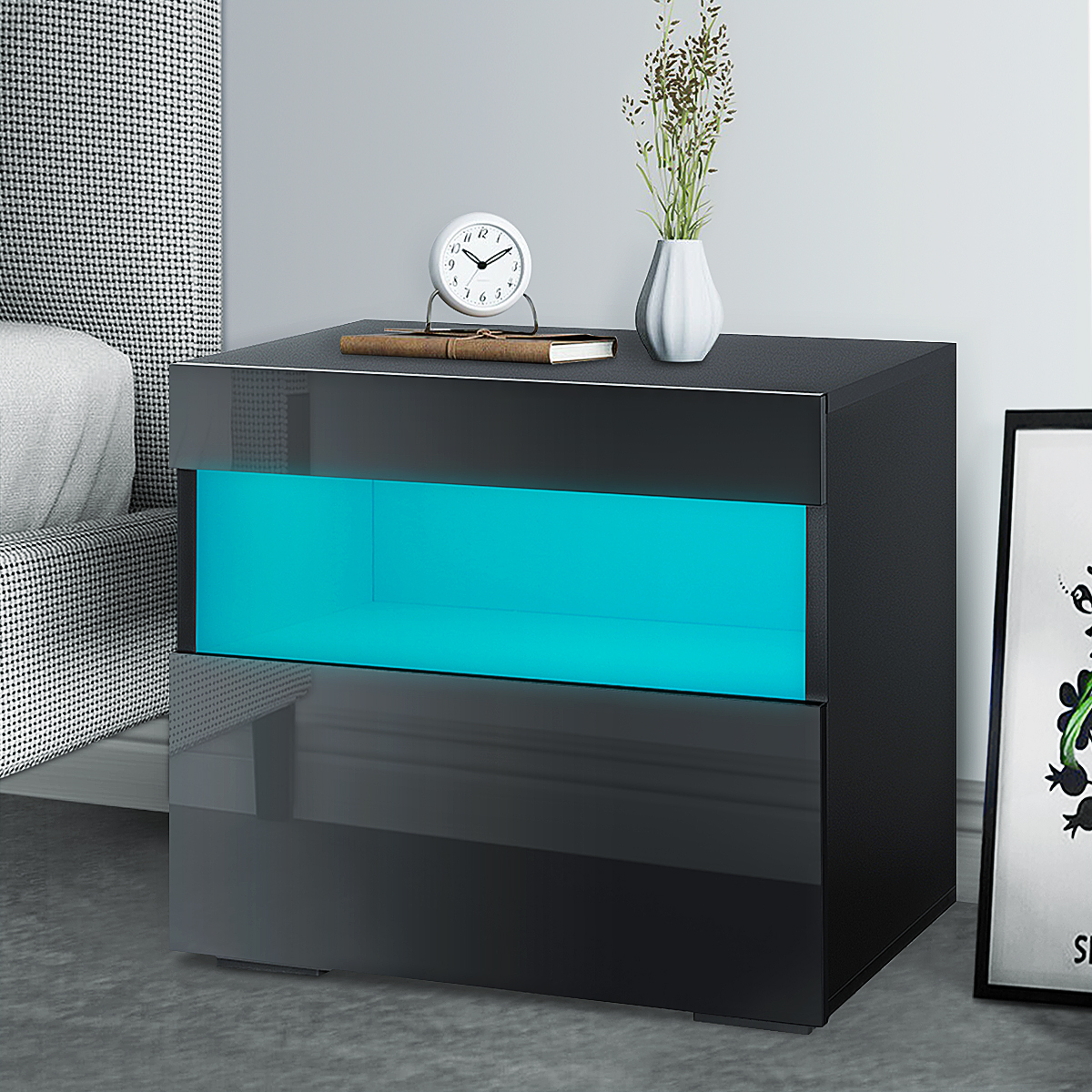 High Gloss LED Nightstand with Drawer Storage, Bedroom End Table, w/RGB